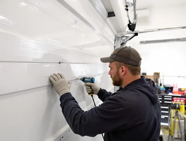 Aliso Viejo Garage Door Repair technician demonstrating precision dent removal techniques on a Aliso Viejo garage door