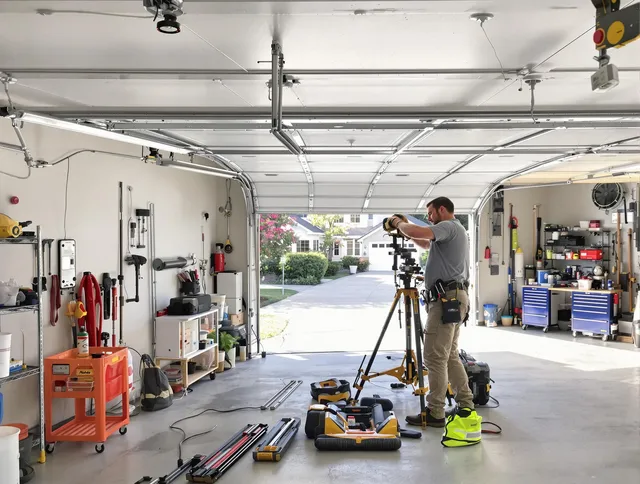 Aliso Viejo Garage Door Repair specialist performing laser-guided track alignment in Aliso Viejo
